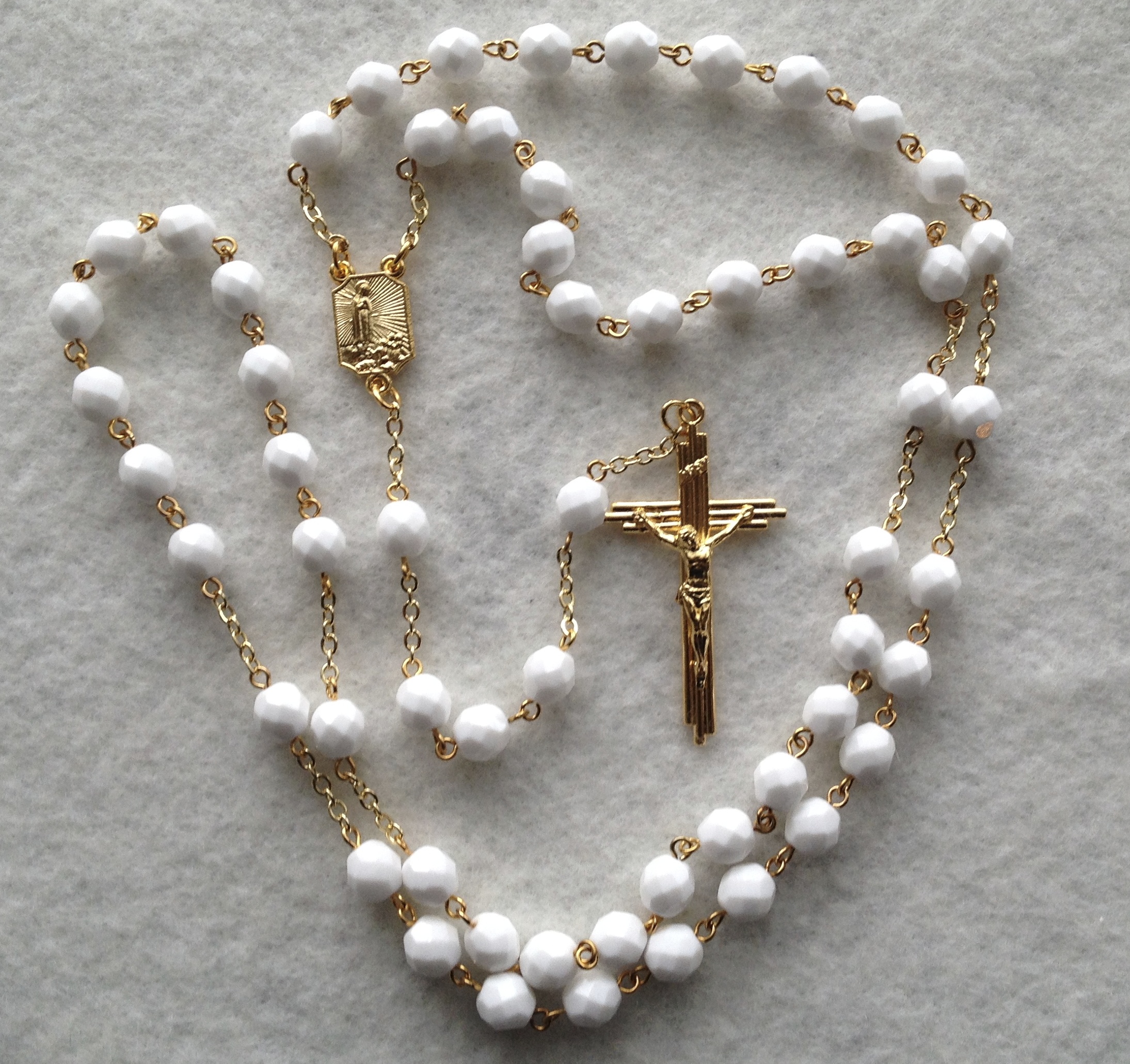 White Opaq Rosary gold tone 8 mm beads, link to purchase button